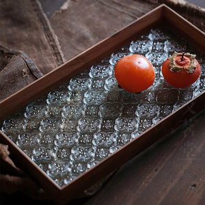 Glass serving tray in wooden frame