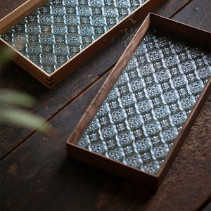 Glass serving tray in wooden frame