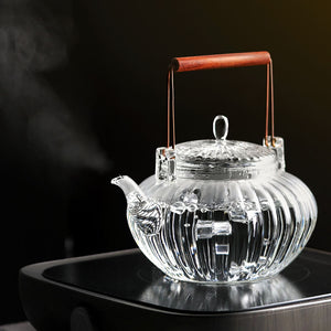 Glass teapot kettle, Japanese style glass teapot, heat resistant glass teapot, flower petal shape glass teapot, handmade glass teapot, sandalwood handle, direct heat safe, tea maker, tea lovers choice