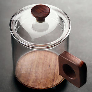 Drinking glass mug with wood bottom and handle