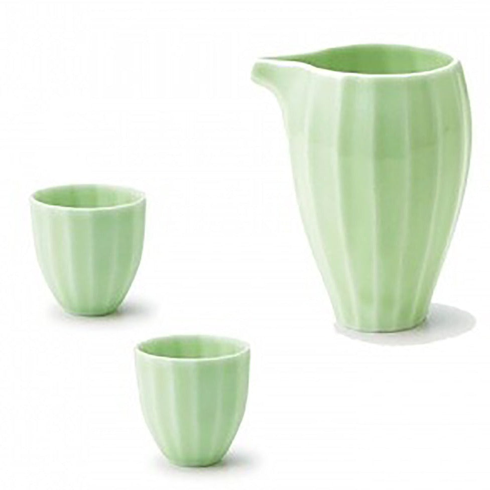 Made in Japan sake carafe and two cups in wooden gift box - Jade Forest series